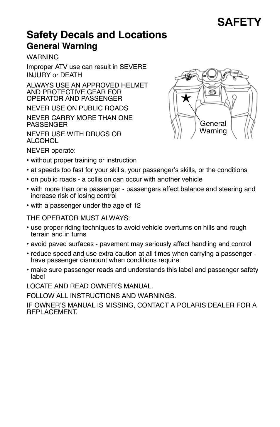 Safety, Safety decals and locations, General warning | Polaris Sportsman 9920632 User Manual | Page 10 / 161