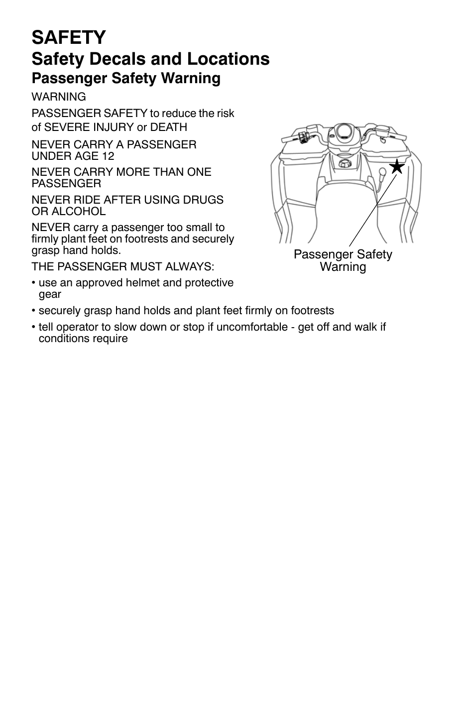 Safety, Safety decals and locations, Passenger safety warning | Polaris Sportsman 9920632 User Manual | Page 11 / 161