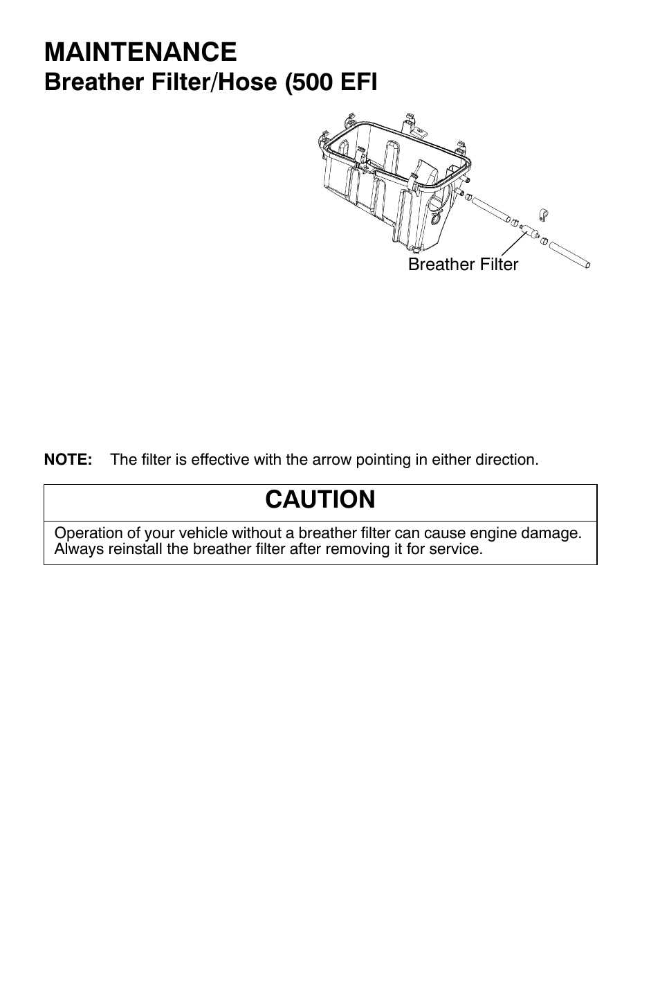 Maintenance, Breather filter/hose (500 efi, Caution | Polaris Sportsman 9920632 User Manual | Page 113 / 161