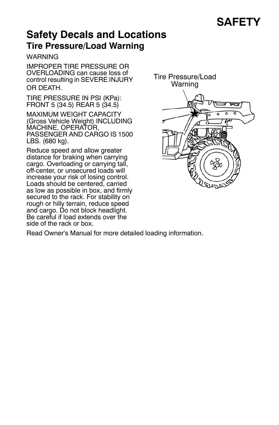 Safety, Safety decals and locations, Tire pressure/load warning | Polaris Sportsman 9920632 User Manual | Page 12 / 161