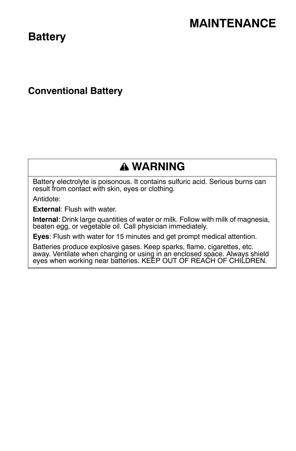 Maintenance, Battery, Warning | Polaris Sportsman 9920632 User Manual | Page 126 / 161