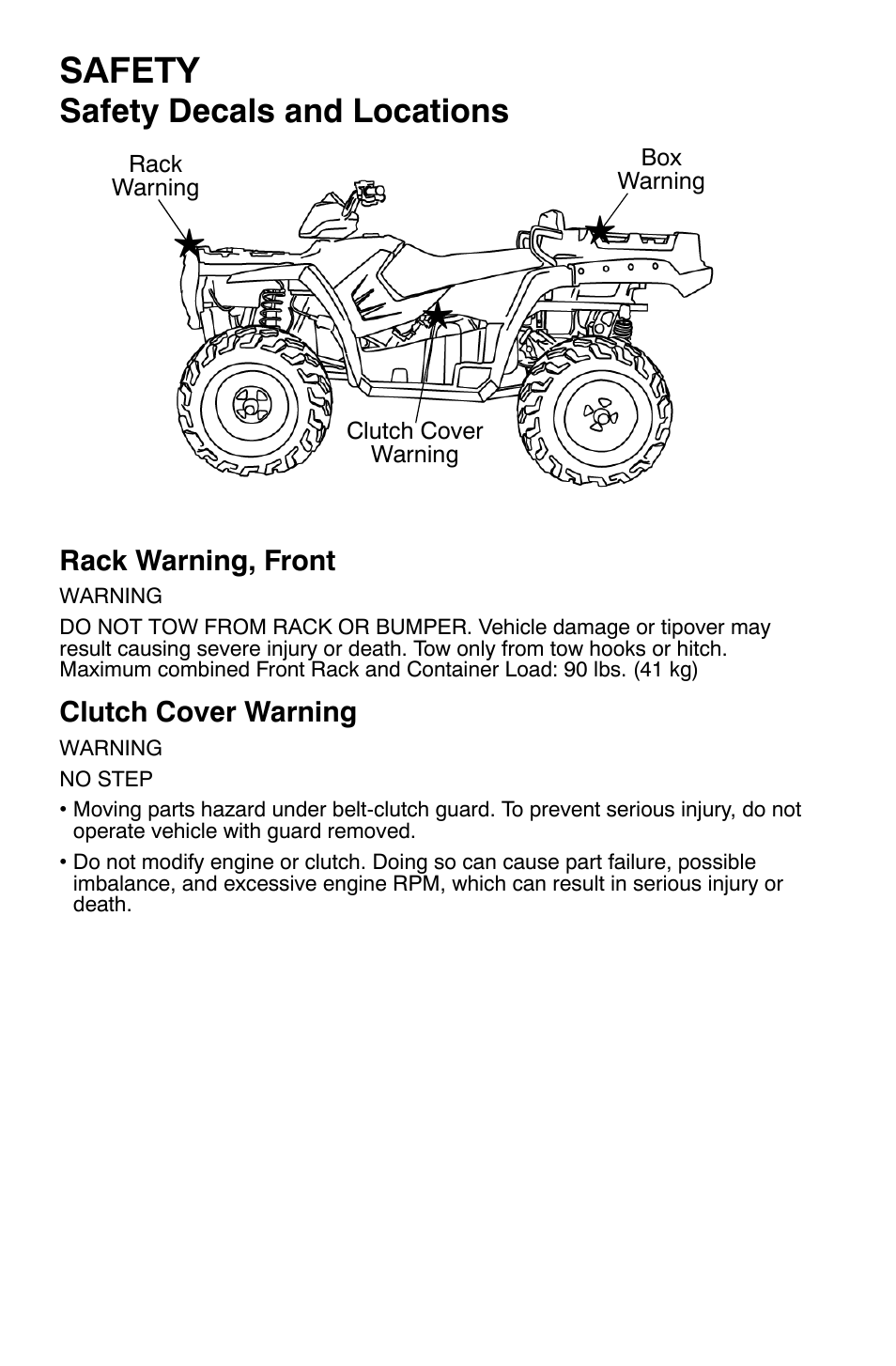 Safety, Safety decals and locations | Polaris Sportsman 9920632 User Manual | Page 13 / 161