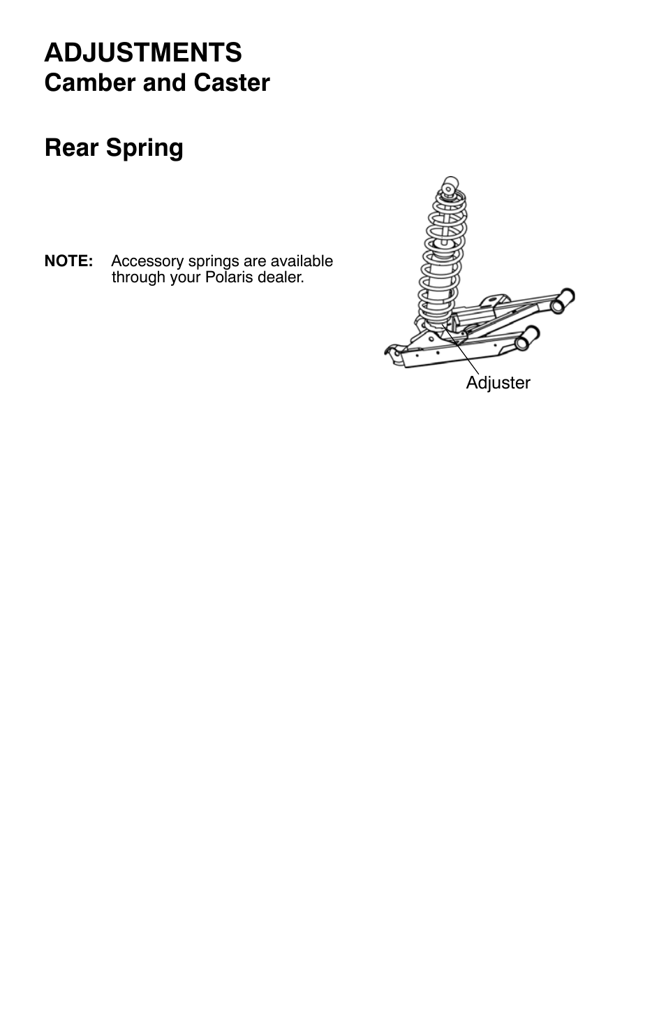 Adjustments, Camber and caster, Rear spring | Polaris Sportsman 9920632 User Manual | Page 139 / 161