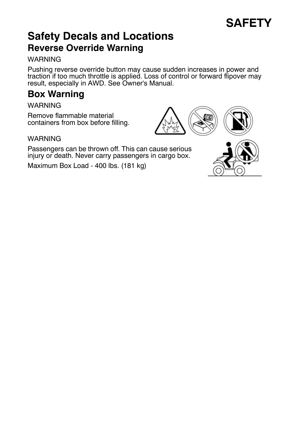 Safety, Safety decals and locations, Reverse override warning | Box warning | Polaris Sportsman 9920632 User Manual | Page 14 / 161