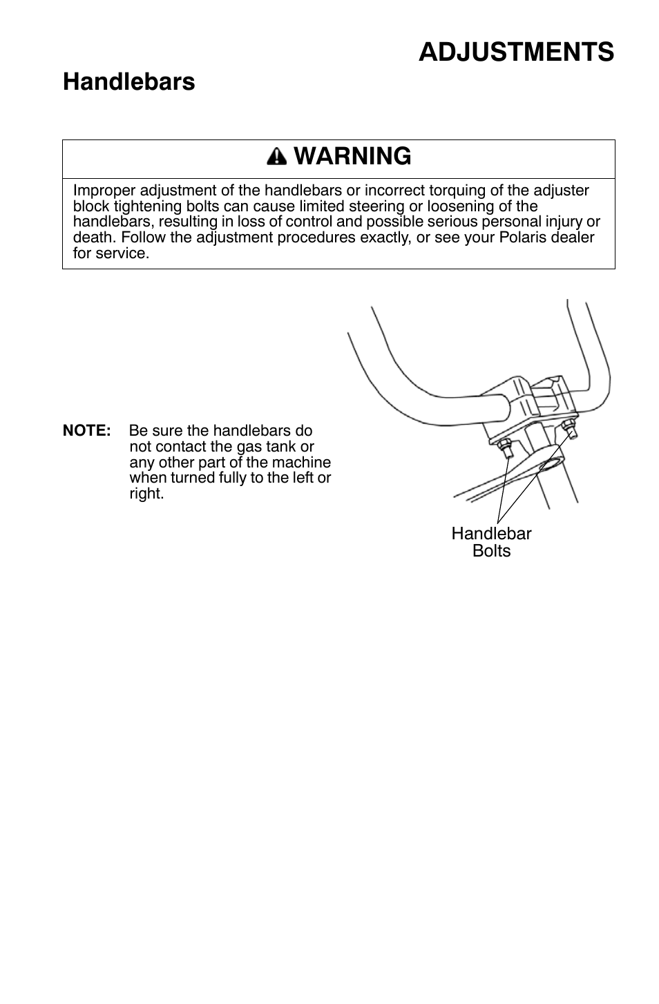 Adjustments, Handlebars, Warning | Polaris Sportsman 9920632 User Manual | Page 140 / 161