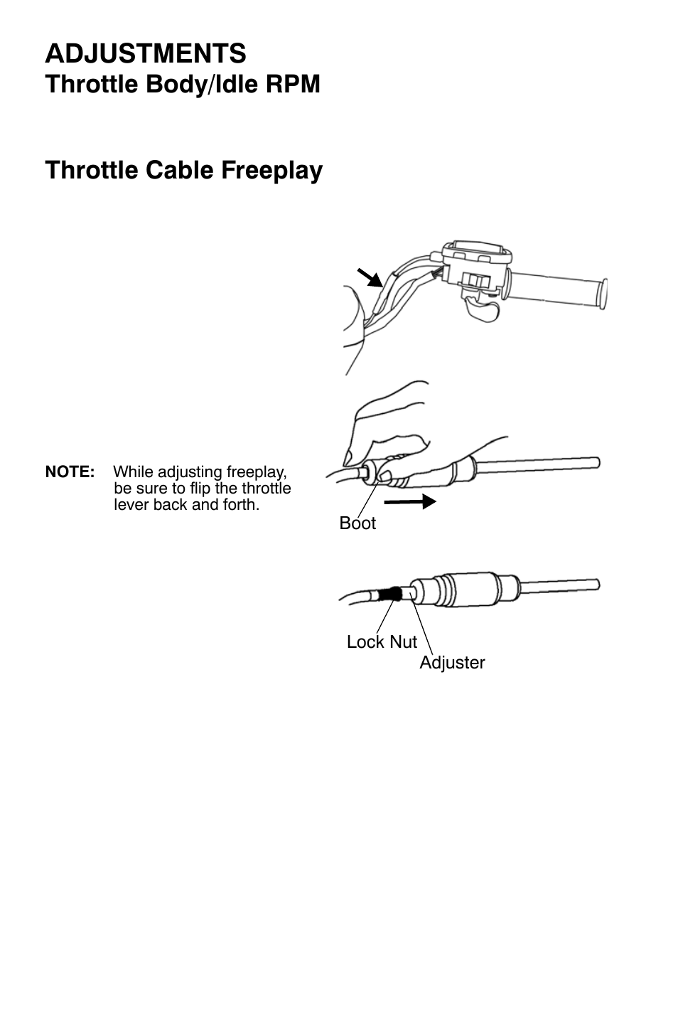 Adjustments, Throttle body/idle rpm, Throttle cable freeplay | Polaris Sportsman 9920632 User Manual | Page 141 / 161