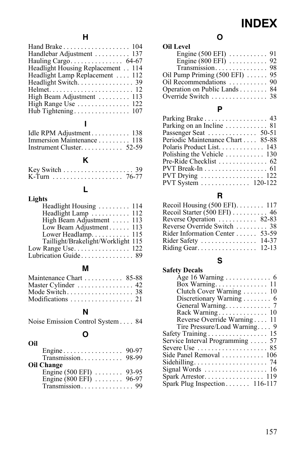 Index | Polaris Sportsman 9920632 User Manual | Page 159 / 161