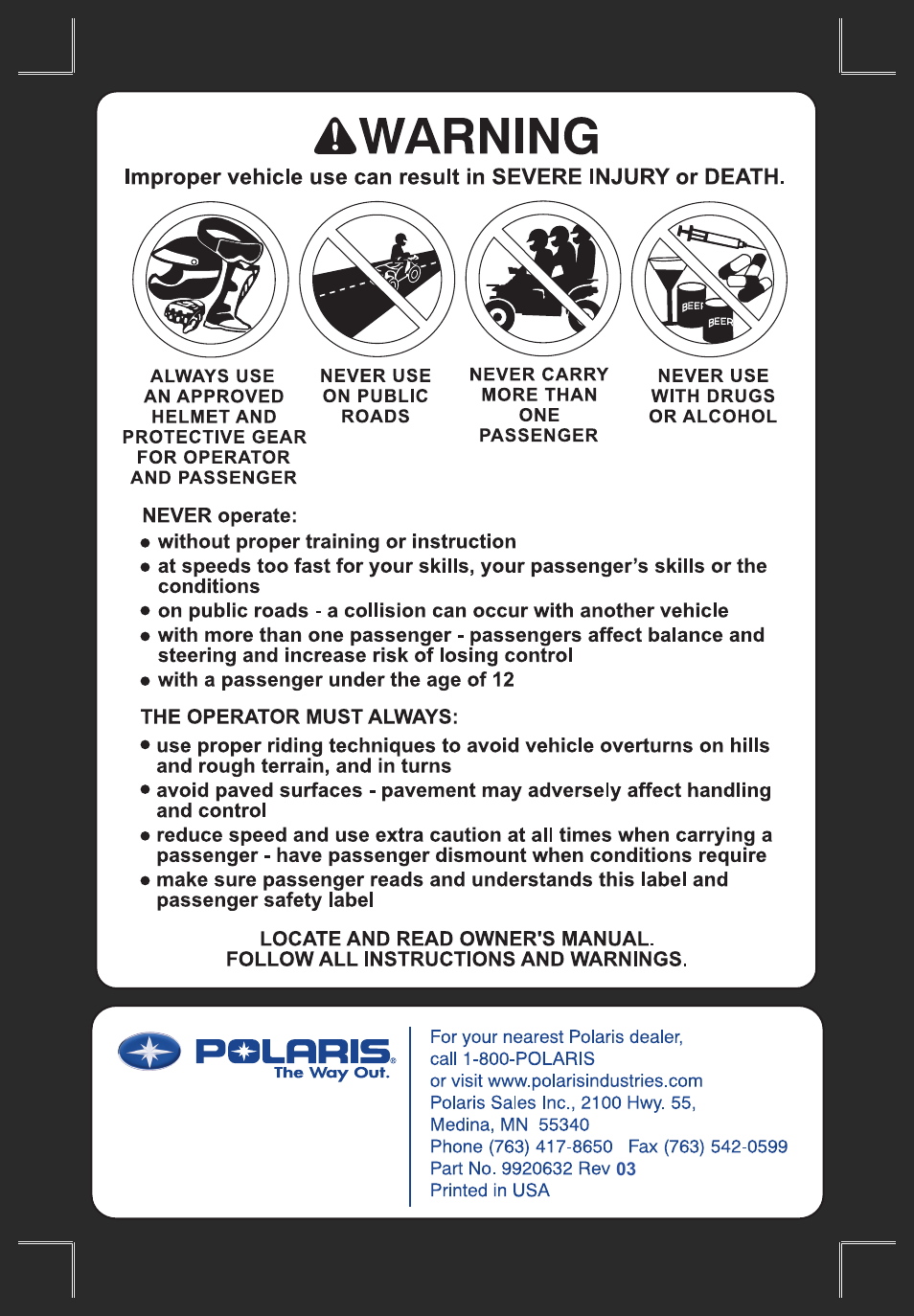 Polaris Sportsman 9920632 User Manual | Page 2 / 161