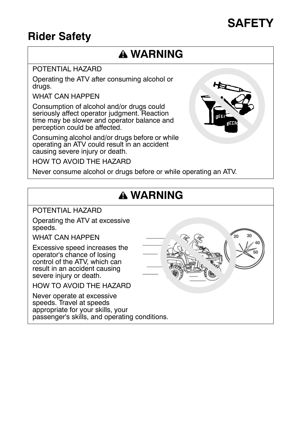 Safety, Rider safety warning, Warning | Polaris Sportsman 9920632 User Manual | Page 28 / 161