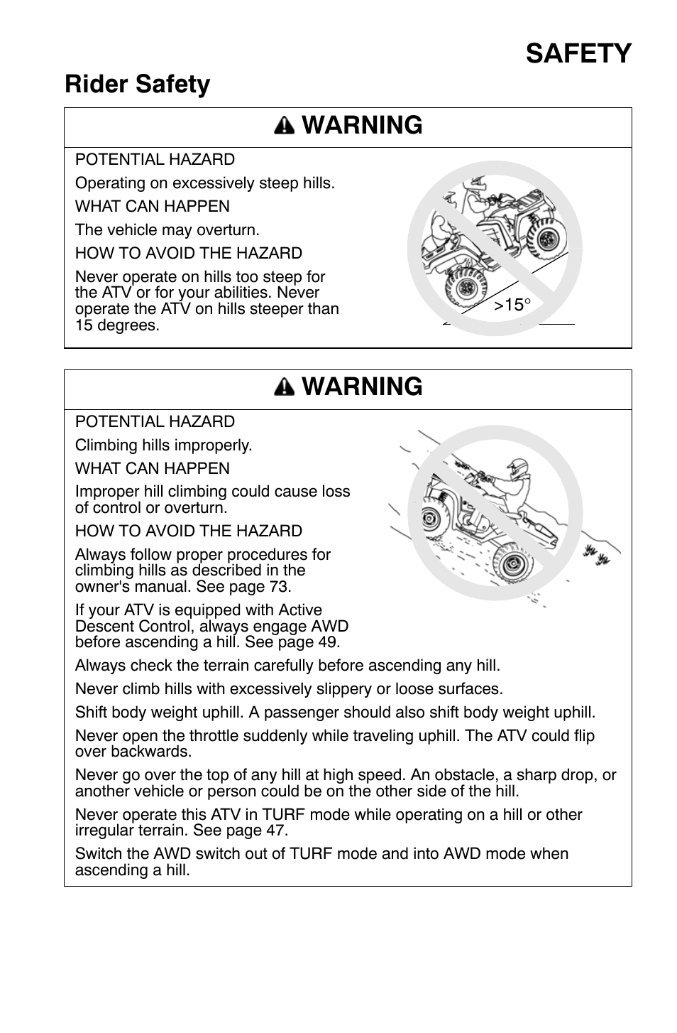 Safety, Rider safety warning, Warning | Polaris Sportsman 9920632 User Manual | Page 32 / 161