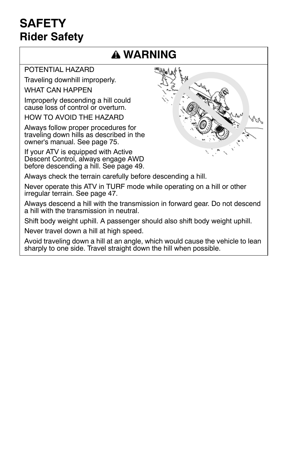 Safety, Rider safety warning | Polaris Sportsman 9920632 User Manual | Page 33 / 161