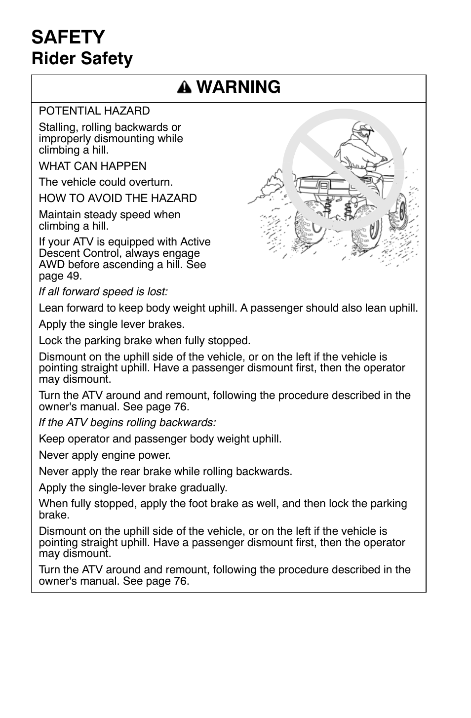 Safety, Rider safety warning | Polaris Sportsman 9920632 User Manual | Page 35 / 161
