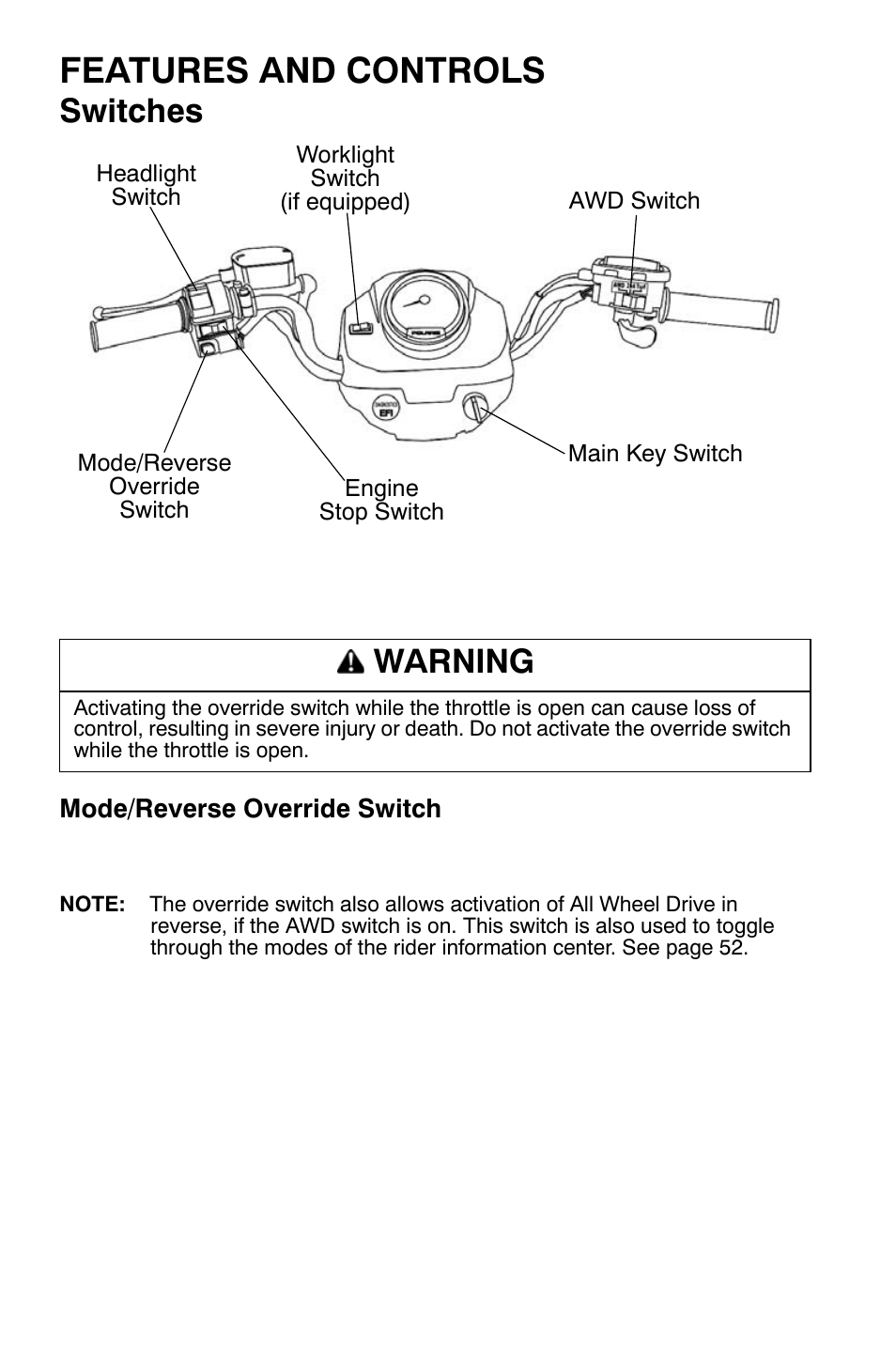 Features and controls, Switches, Warning | Polaris Sportsman 9920632 User Manual | Page 41 / 161
