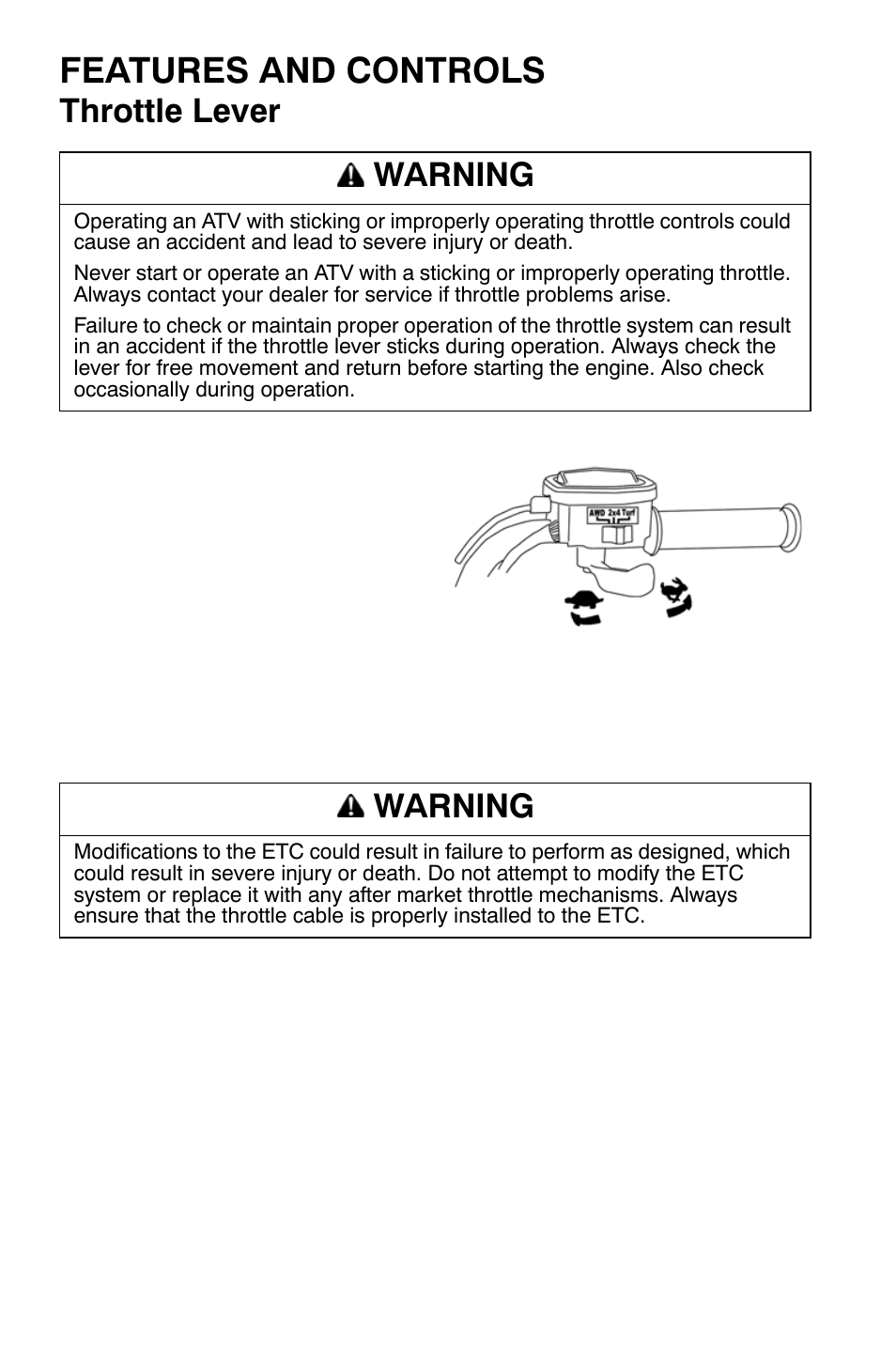 Features and controls, Throttle lever, Warning | Polaris Sportsman 9920632 User Manual | Page 43 / 161