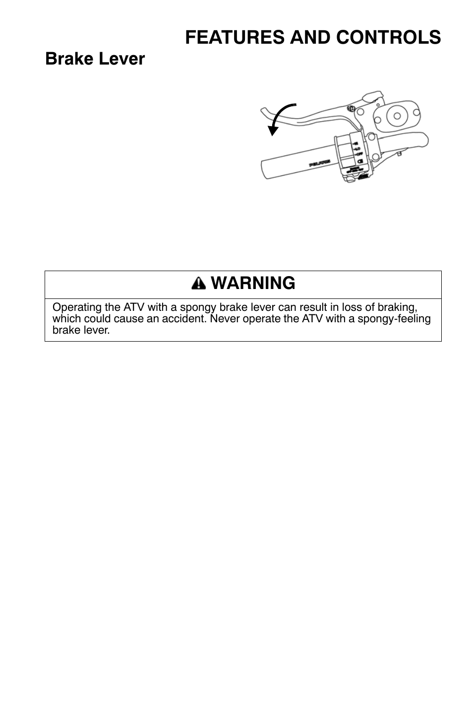 Features and controls, Brake lever, Warning | Polaris Sportsman 9920632 User Manual | Page 44 / 161