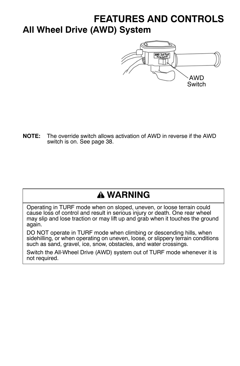Features and controls, All wheel drive (awd) system, Warning | Polaris Sportsman 9920632 User Manual | Page 50 / 161