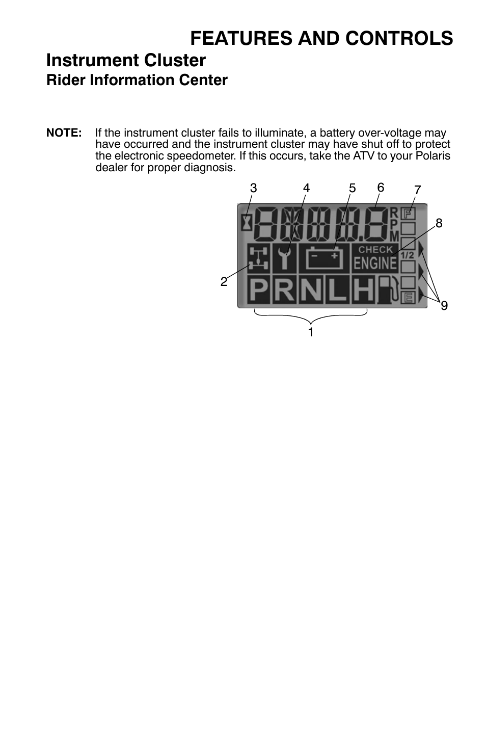 Features and controls, Instrument cluster, Rider information center | Polaris Sportsman 9920632 User Manual | Page 56 / 161