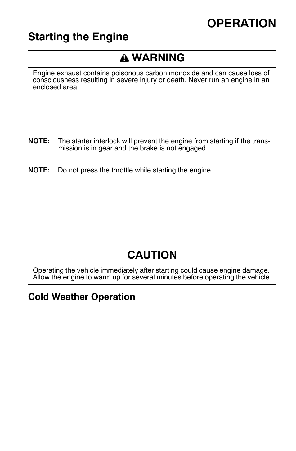 Operation, Starting the engine, Warning | Caution | Polaris Sportsman 9920632 User Manual | Page 66 / 161