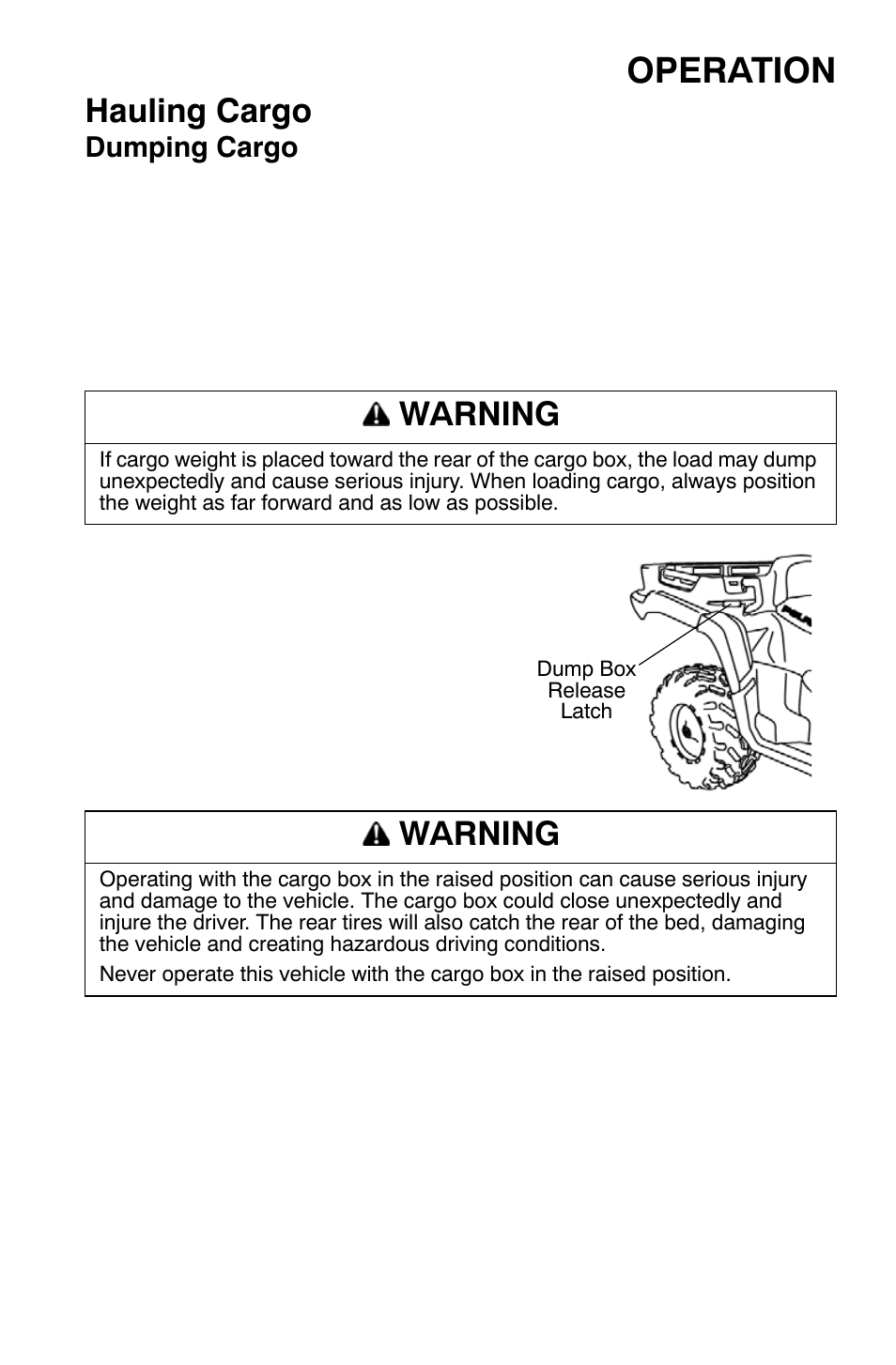 Operation, Hauling cargo, Warning | Dumping cargo | Polaris Sportsman 9920632 User Manual | Page 70 / 161