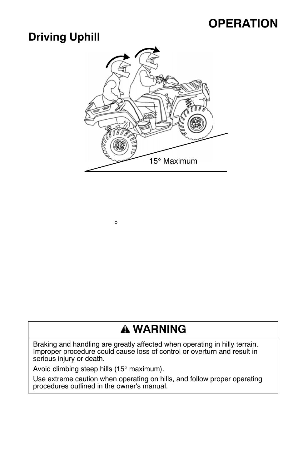 Operation, Driving uphill, Warning | Polaris Sportsman 9920632 User Manual | Page 76 / 161