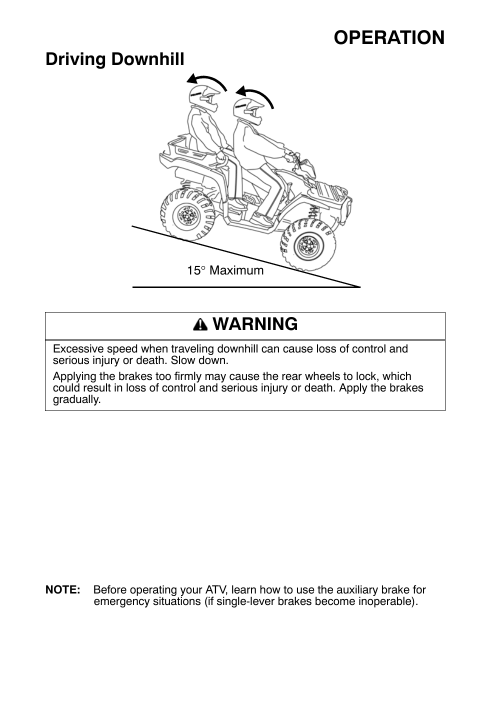 Operation, Driving downhill, Warning | Polaris Sportsman 9920632 User Manual | Page 78 / 161