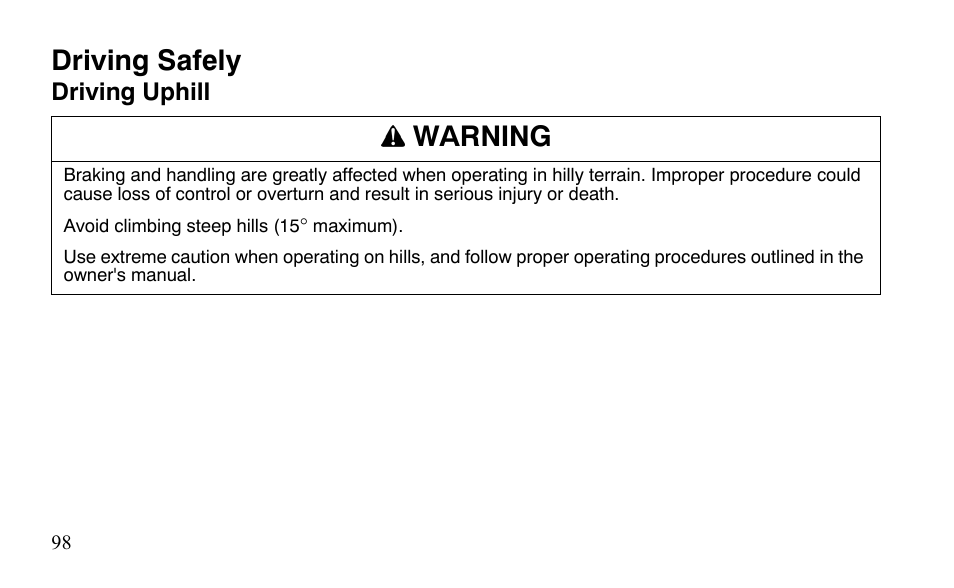 Driving safely, Warning | Polaris Sportsman 9921483 User Manual | Page 101 / 207