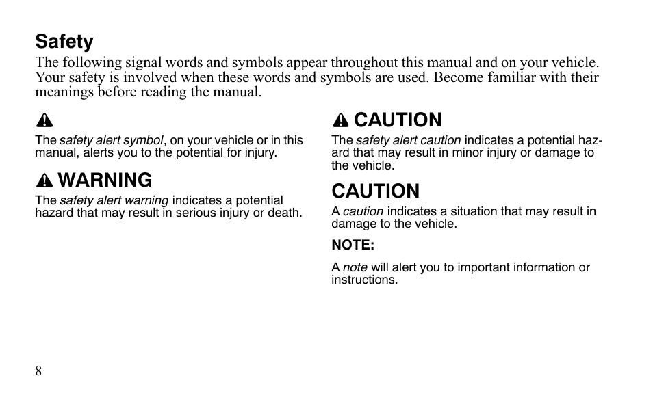 Safety, Warning, Caution | Polaris Sportsman 9921483 User Manual | Page 11 / 207