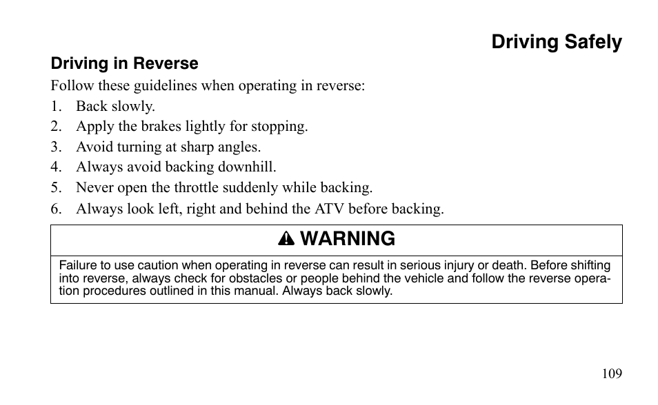 Driving safely, Warning | Polaris Sportsman 9921483 User Manual | Page 112 / 207