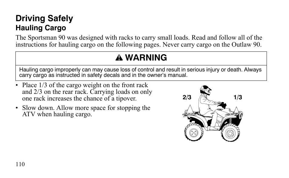 Driving safely, Warning | Polaris Sportsman 9921483 User Manual | Page 113 / 207