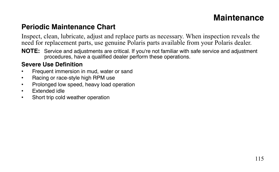 Maintenance, Periodic maintenance chart | Polaris Sportsman 9921483 User Manual | Page 118 / 207