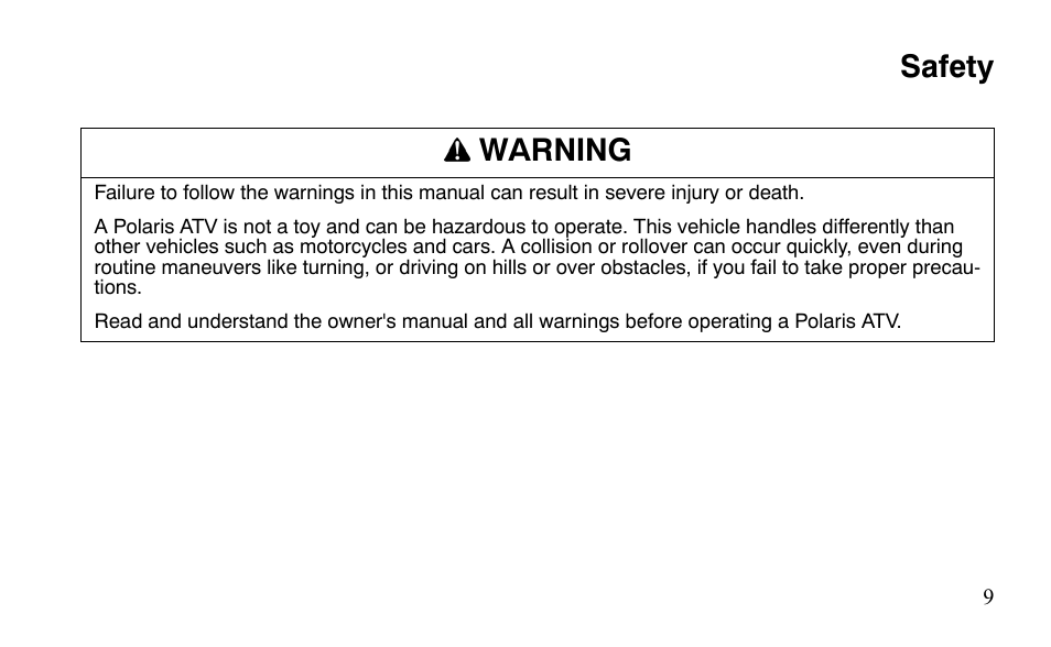 Safety warning | Polaris Sportsman 9921483 User Manual | Page 12 / 207