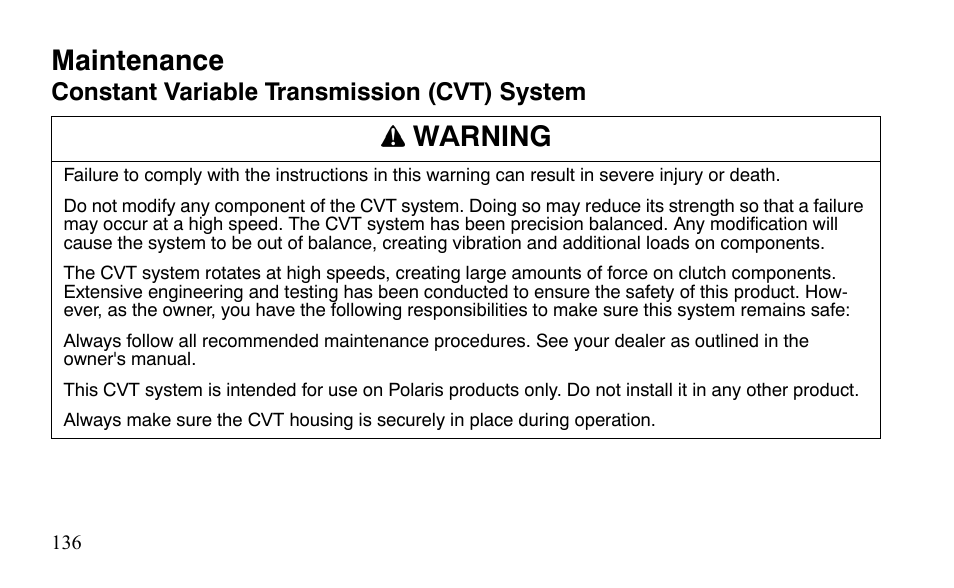 Maintenance, Warning | Polaris Sportsman 9921483 User Manual | Page 139 / 207