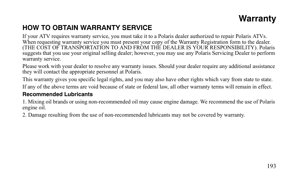 Warranty | Polaris Sportsman 9921483 User Manual | Page 196 / 207