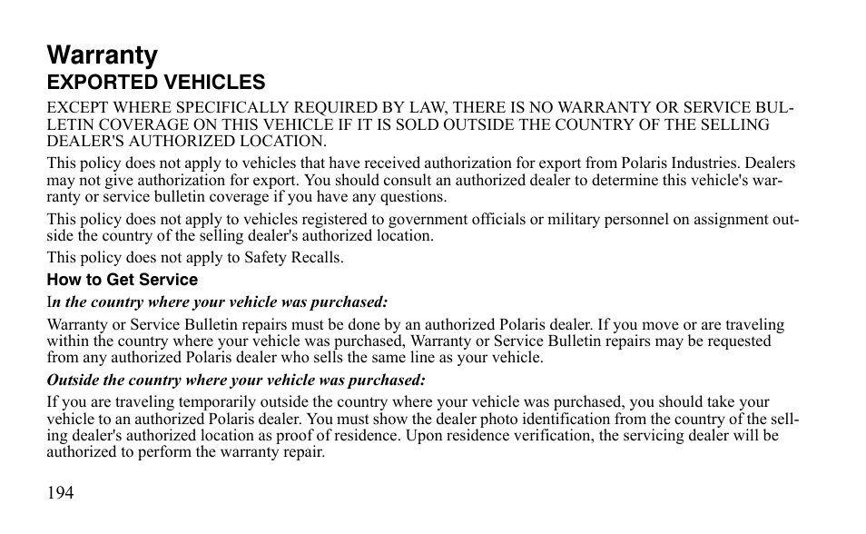 Warranty | Polaris Sportsman 9921483 User Manual | Page 197 / 207