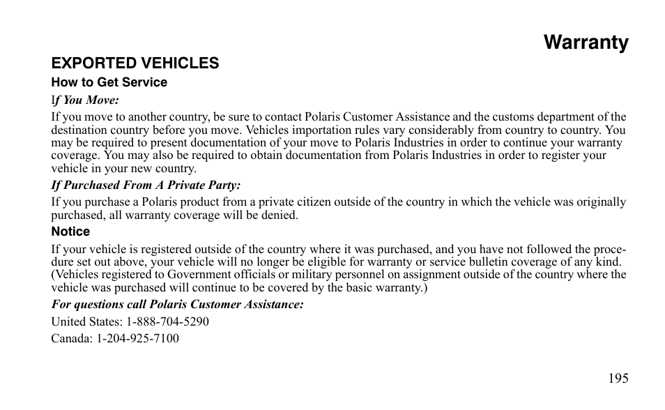 Warranty | Polaris Sportsman 9921483 User Manual | Page 198 / 207