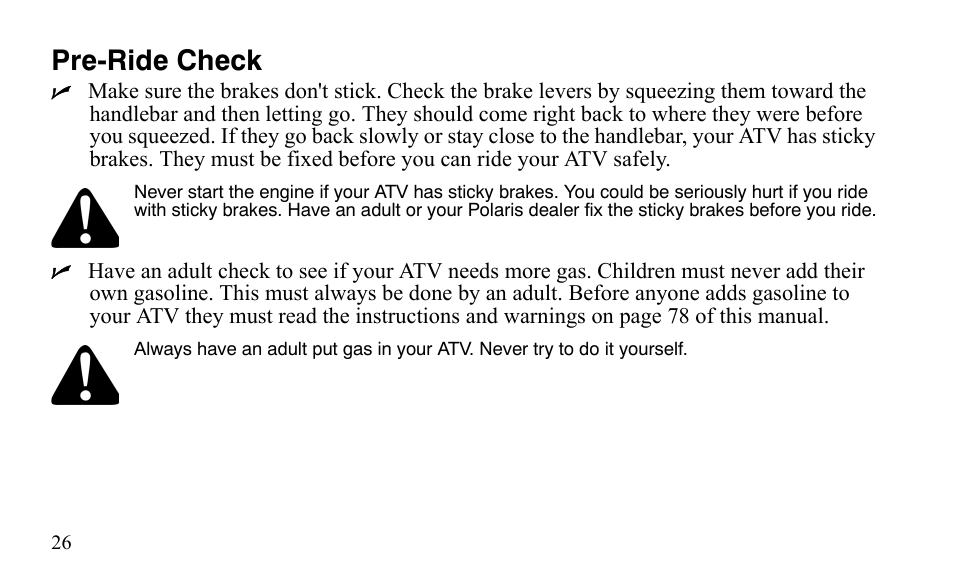 Pre-ride check | Polaris Sportsman 9921483 User Manual | Page 29 / 207