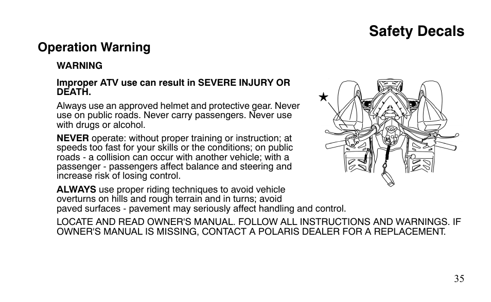 Safety decals, Operation warning | Polaris Sportsman 9921483 User Manual | Page 38 / 207