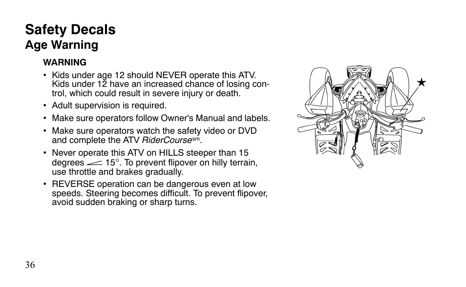 Safety decals, Age warning | Polaris Sportsman 9921483 User Manual | Page 39 / 207
