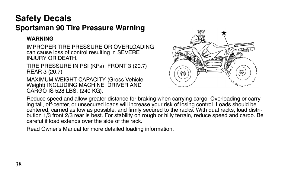 Safety decals, Sportsman 90 tire pressure warning | Polaris Sportsman 9921483 User Manual | Page 41 / 207