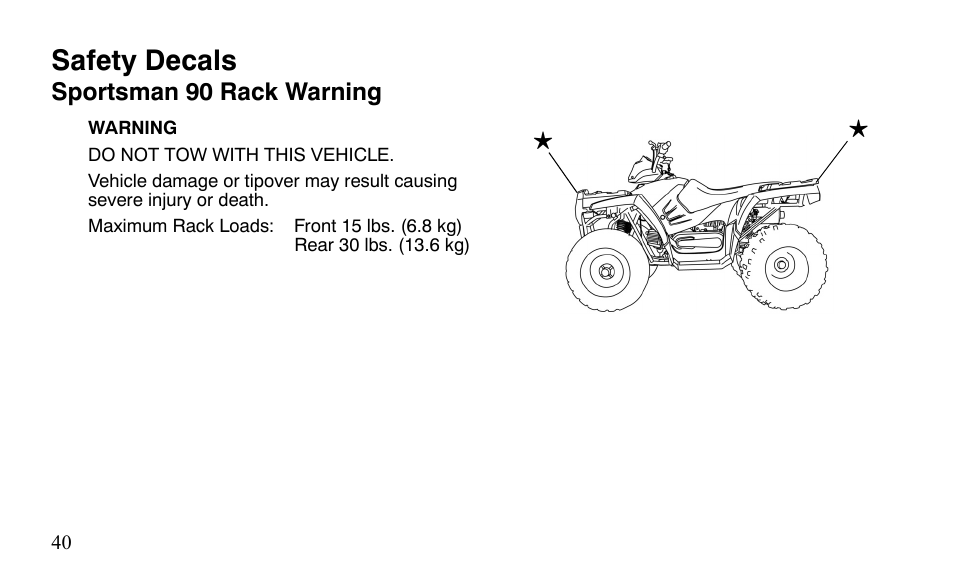 Safety decals | Polaris Sportsman 9921483 User Manual | Page 43 / 207
