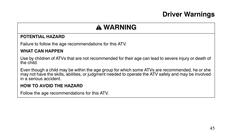 Driver warnings warning | Polaris Sportsman 9921483 User Manual | Page 48 / 207