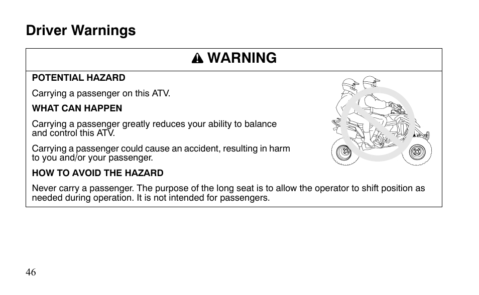 Driver warnings warning | Polaris Sportsman 9921483 User Manual | Page 49 / 207