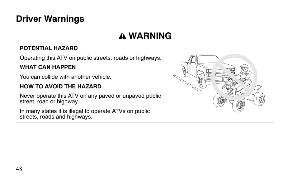 Driver warnings warning | Polaris Sportsman 9921483 User Manual | Page 51 / 207