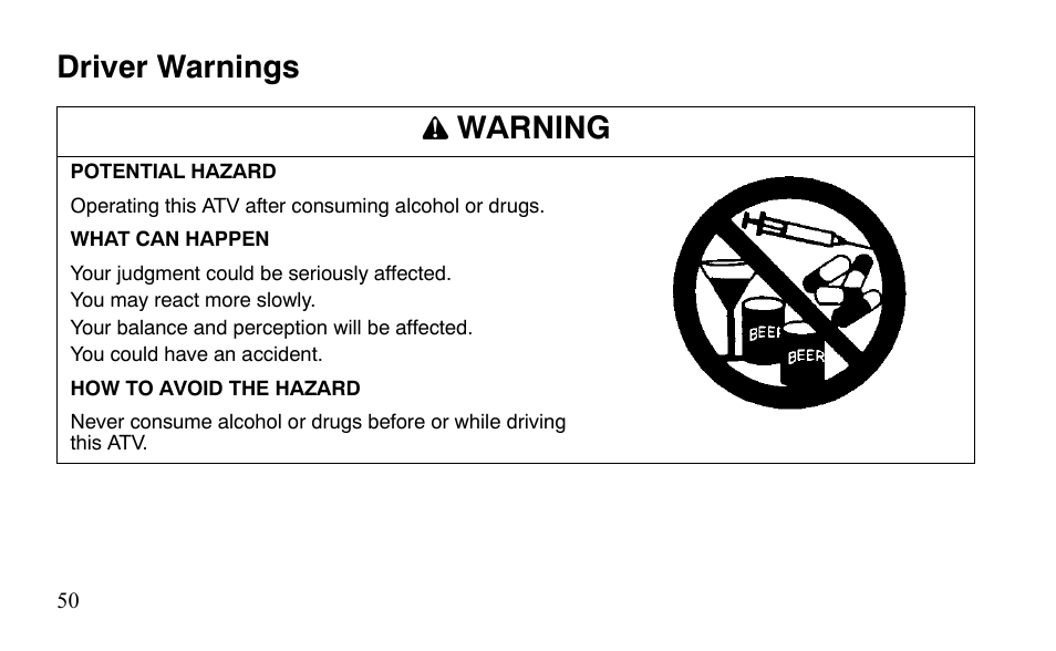 Driver warnings warning | Polaris Sportsman 9921483 User Manual | Page 53 / 207