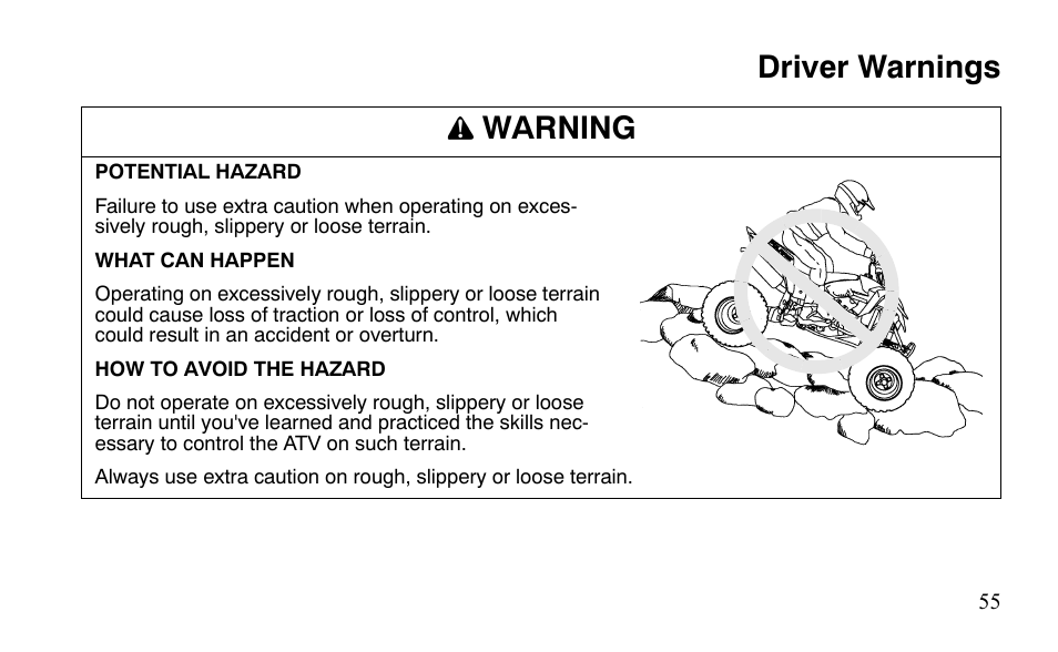 Driver warnings warning | Polaris Sportsman 9921483 User Manual | Page 58 / 207