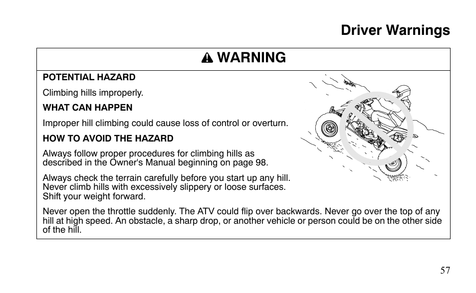 Driver warnings warning | Polaris Sportsman 9921483 User Manual | Page 60 / 207