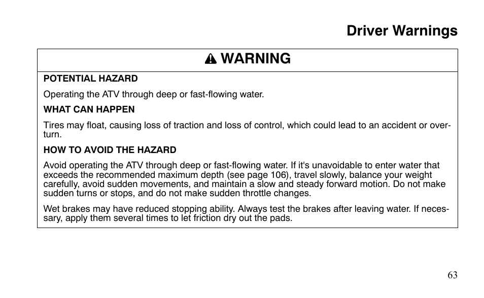 Driver warnings warning | Polaris Sportsman 9921483 User Manual | Page 66 / 207
