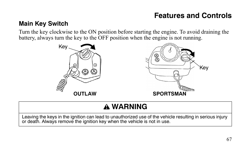 Features and controls, Warning | Polaris Sportsman 9921483 User Manual | Page 70 / 207