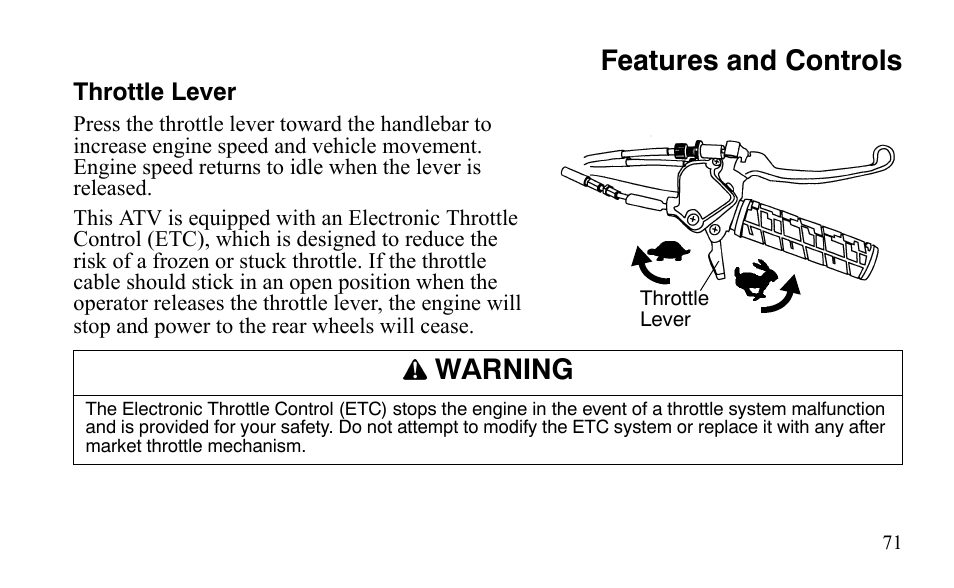Features and controls, Warning | Polaris Sportsman 9921483 User Manual | Page 74 / 207