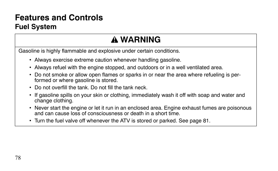 Features and controls, Warning | Polaris Sportsman 9921483 User Manual | Page 81 / 207